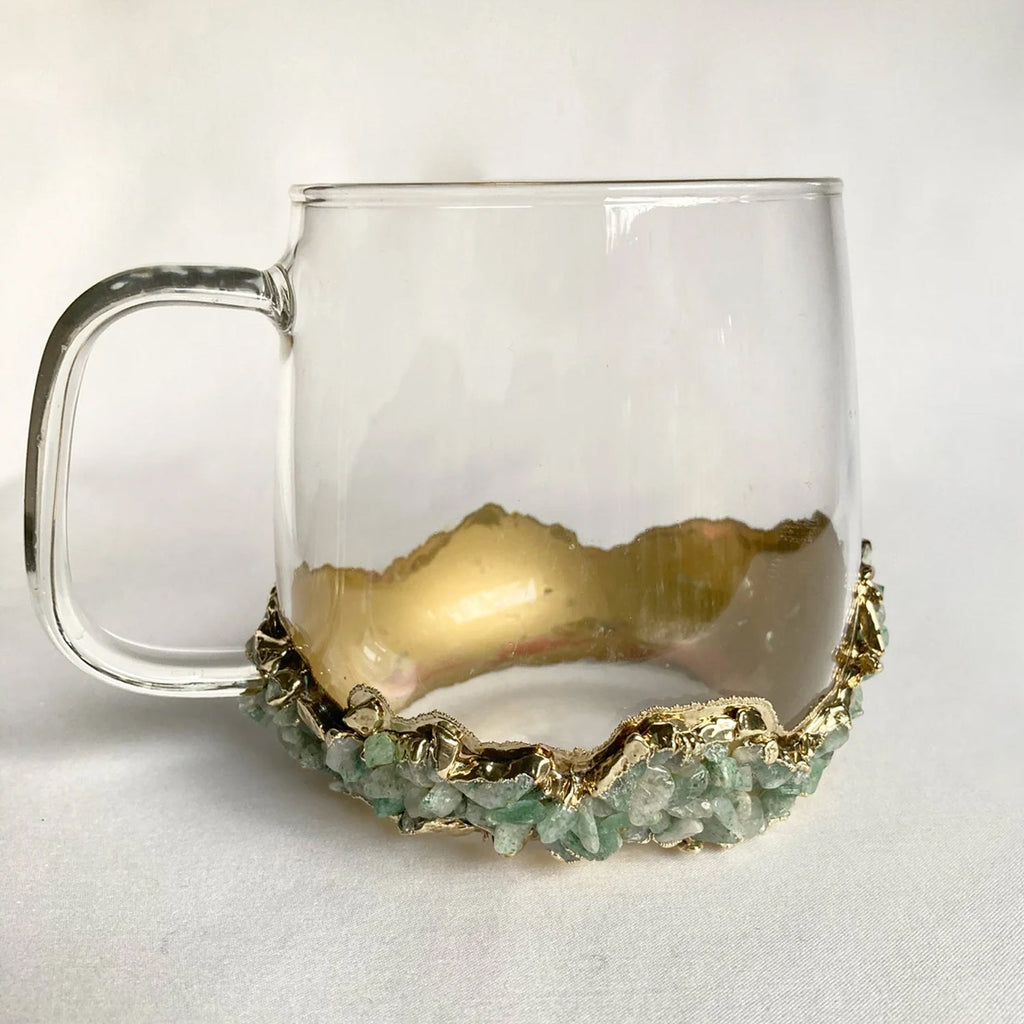 Crystal Glass Mugs with Light Green Agate - Set of 2 | 17oz Gold Plated