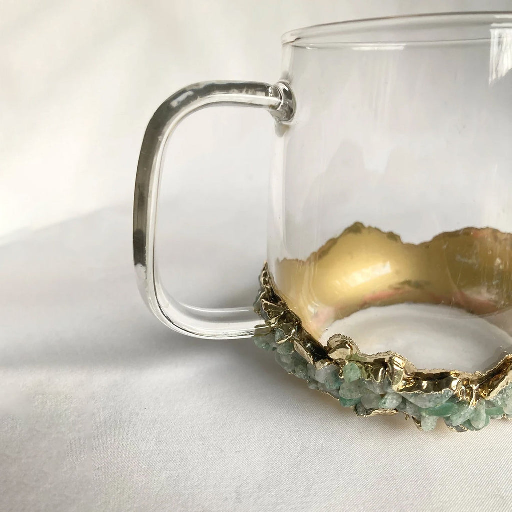 Crystal Glass Mugs with Light Green Agate - Set of 2 | 17oz Gold Plated