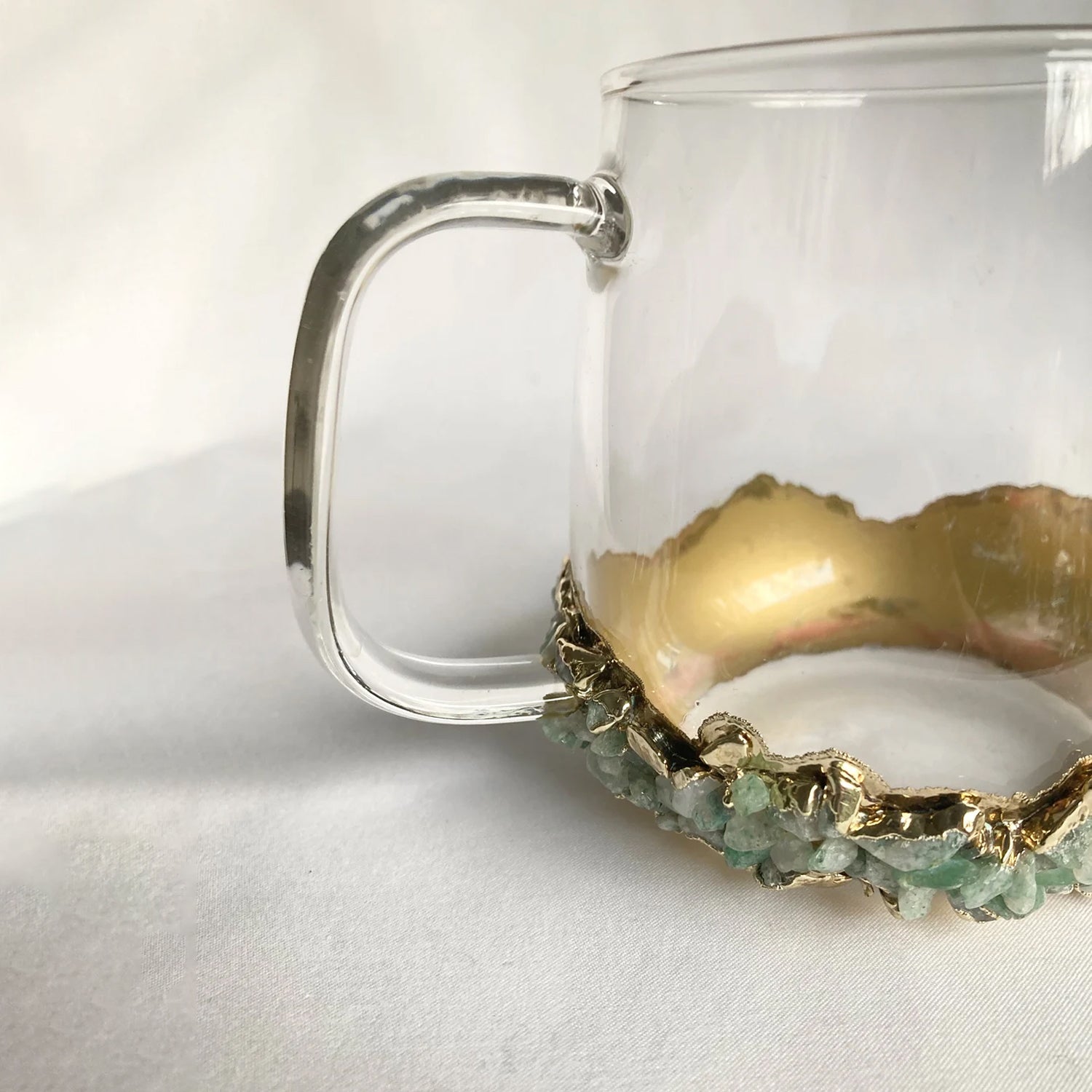 Crystal Glass Mugs with Light Green Agate - Set of 2 | 17oz Gold Plated