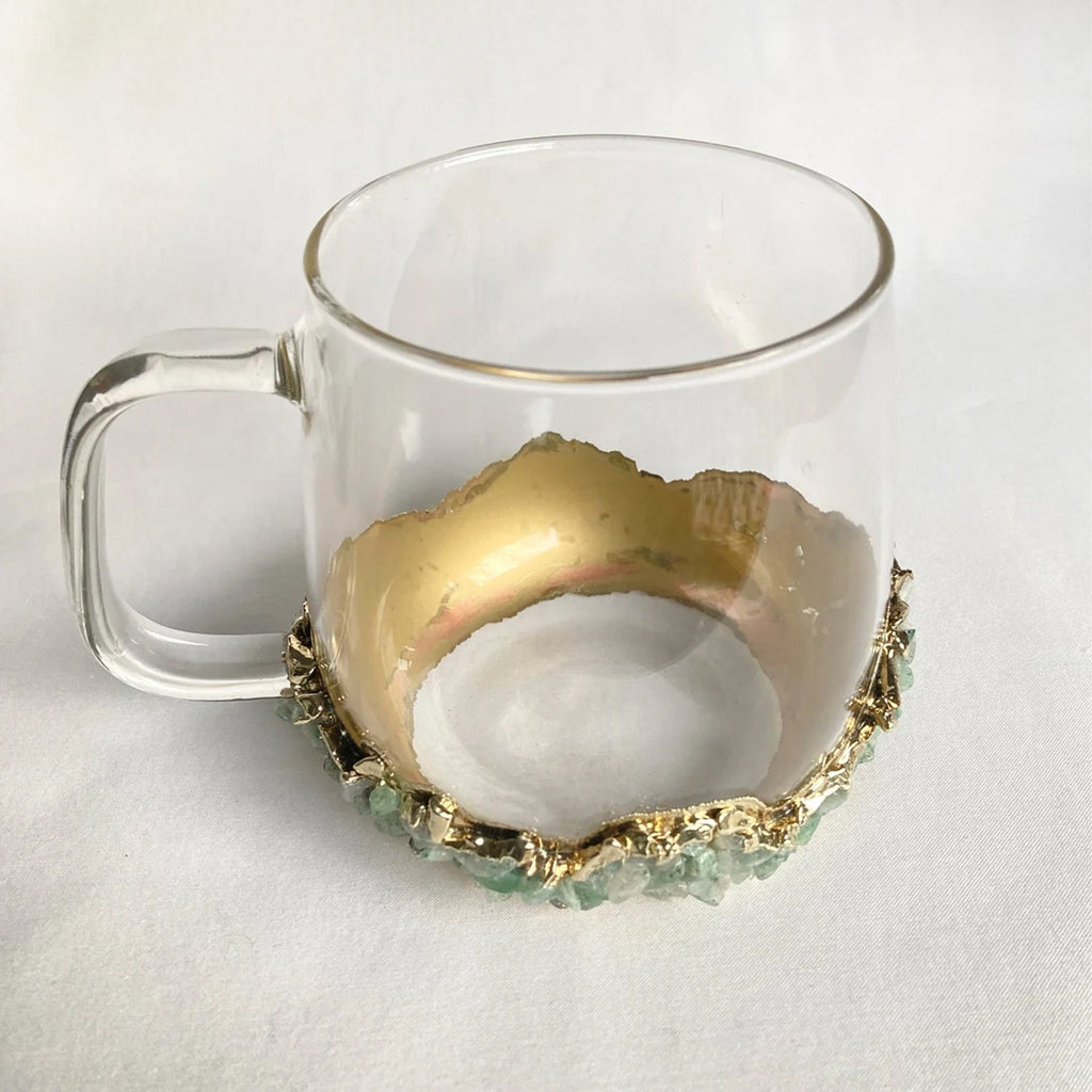 Crystal Glass Mugs with Light Green Agate - Set of 2 | 17oz Gold Plated