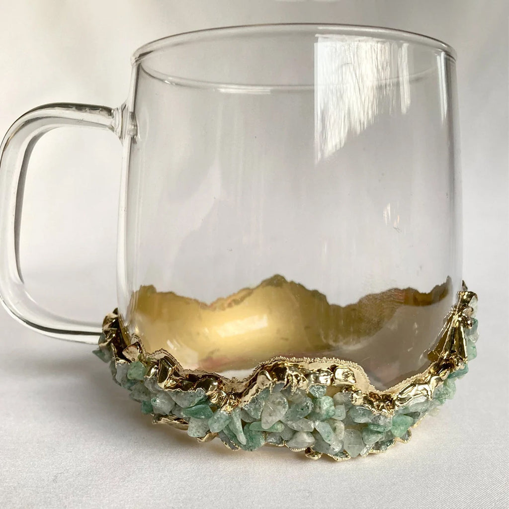 Crystal Glass Mugs with Light Green Agate - Set of 2 | 17oz Gold Plated