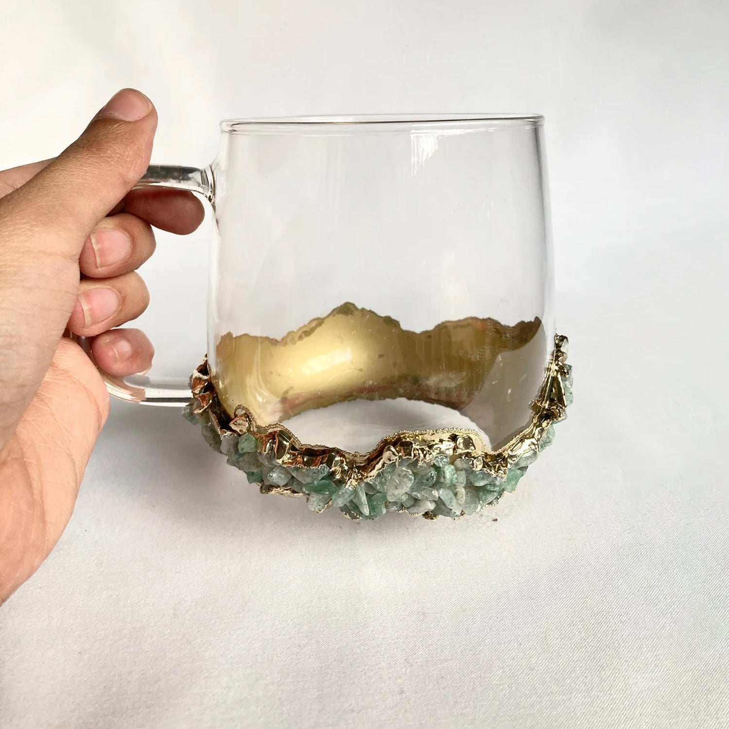 Crystal Glass Mugs with Light Green Agate - Set of 2 | 17oz Gold Plated