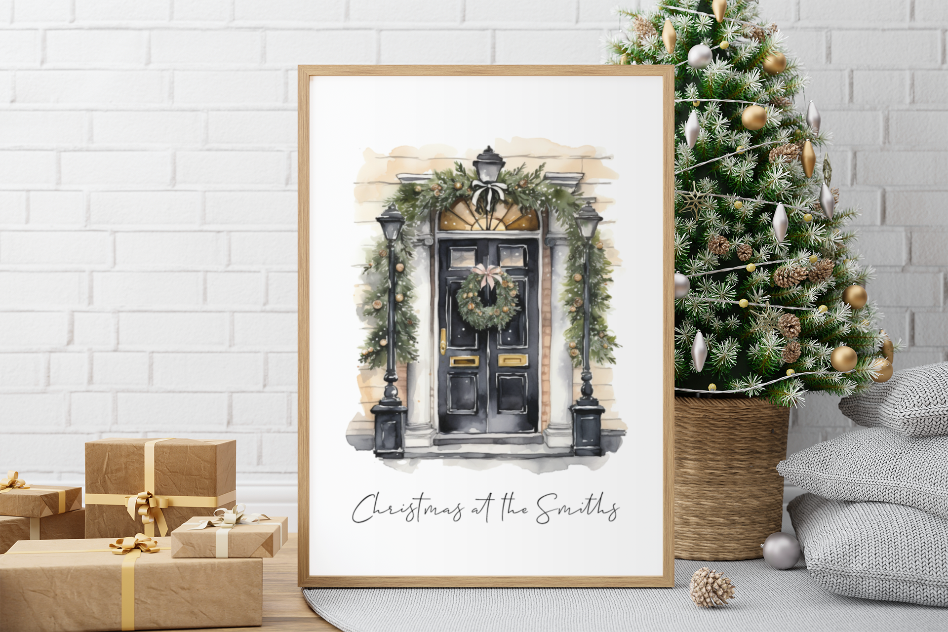 Personalized Christmas Front Door Print - Black Door Winter Decor