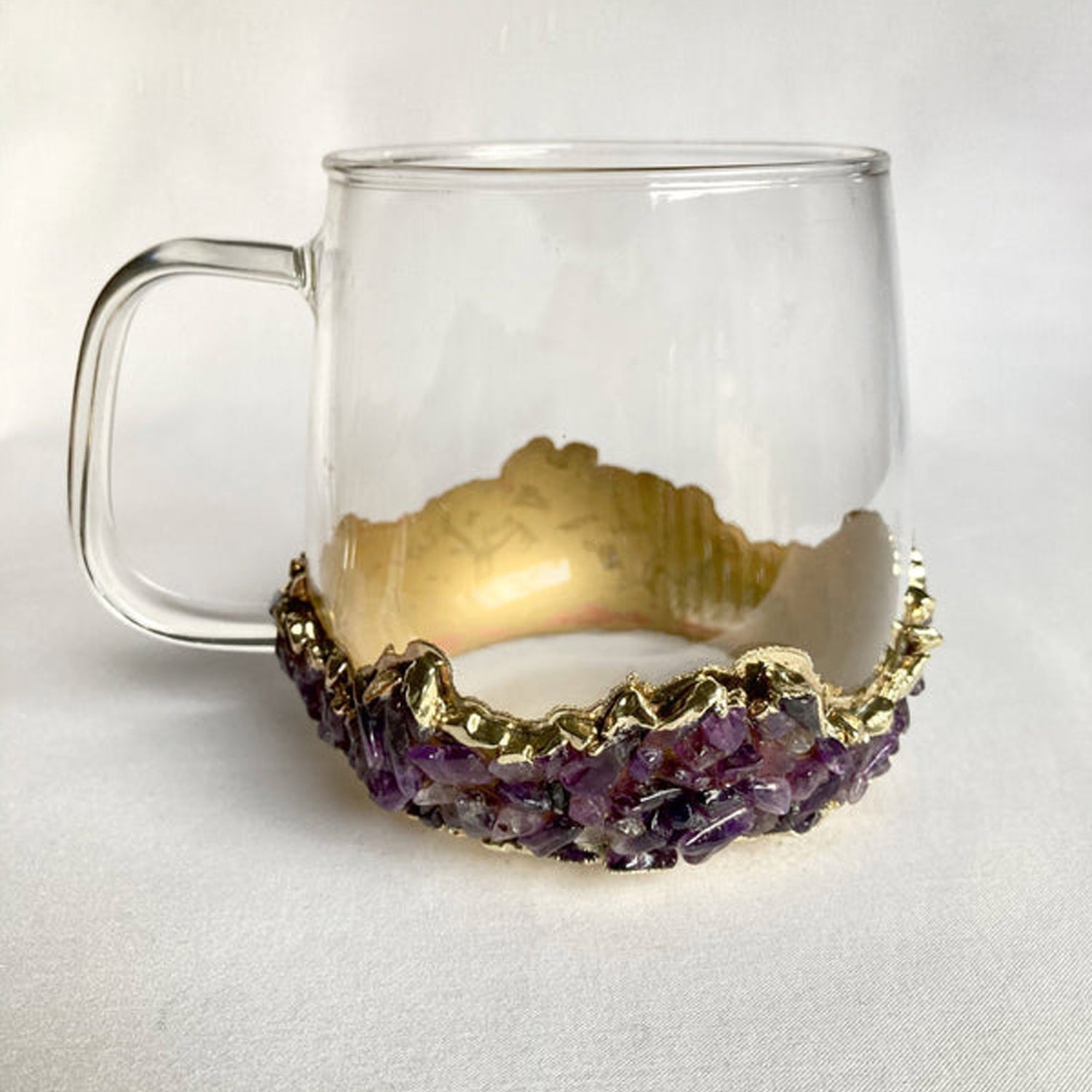 Crystal Glass Mugs with Purple Amethyst - Set of 2 | 17oz Gold Plated