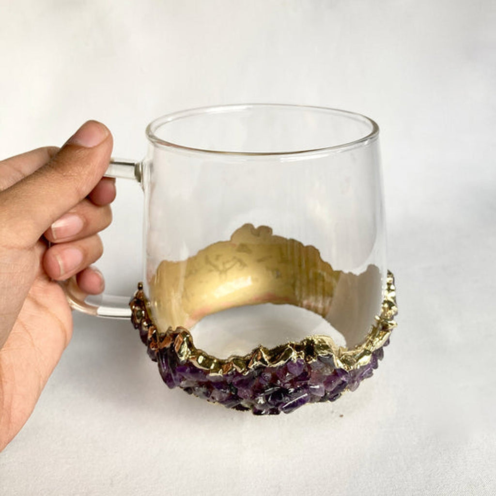 Crystal Glass Mugs with Purple Amethyst - Set of 2 | 17oz Gold Plated
